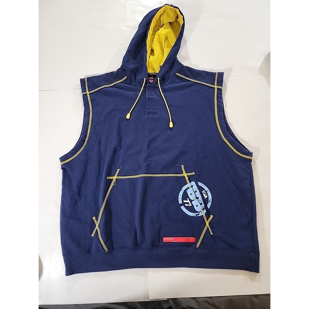 Vintage Bugle Boy Jeans 1977 Hooded Sleeveless Blue Sweatshirt‎ size XL